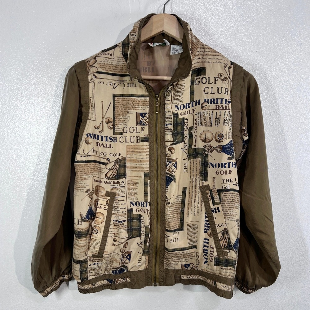 Vintage EVR Silk Golf Print Jacket Petite M Women Brown Novelty Sportswear 90s‎